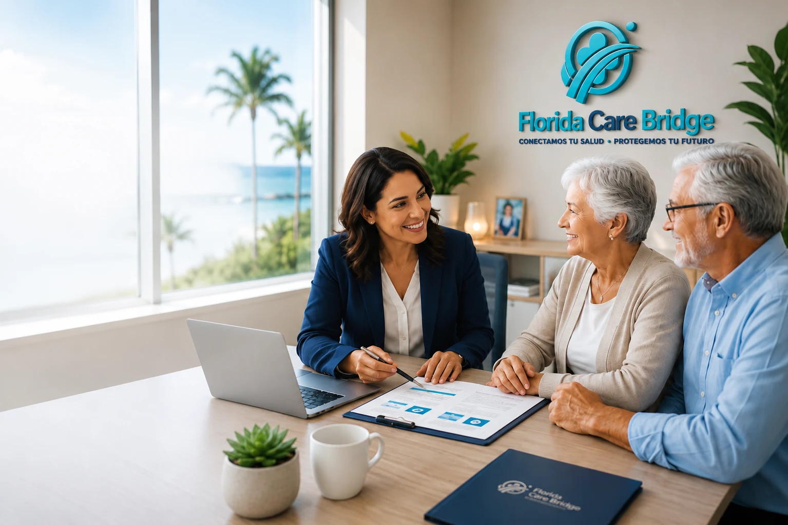 Licensed Florida Care Bridge advisor reviewing Medicare and ACA plan options with a couple in a Florida office