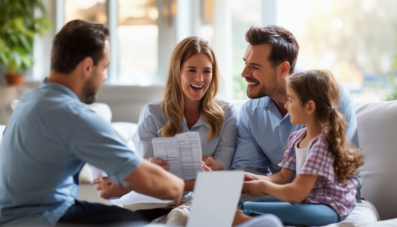 A family happily discussing their health insurance
